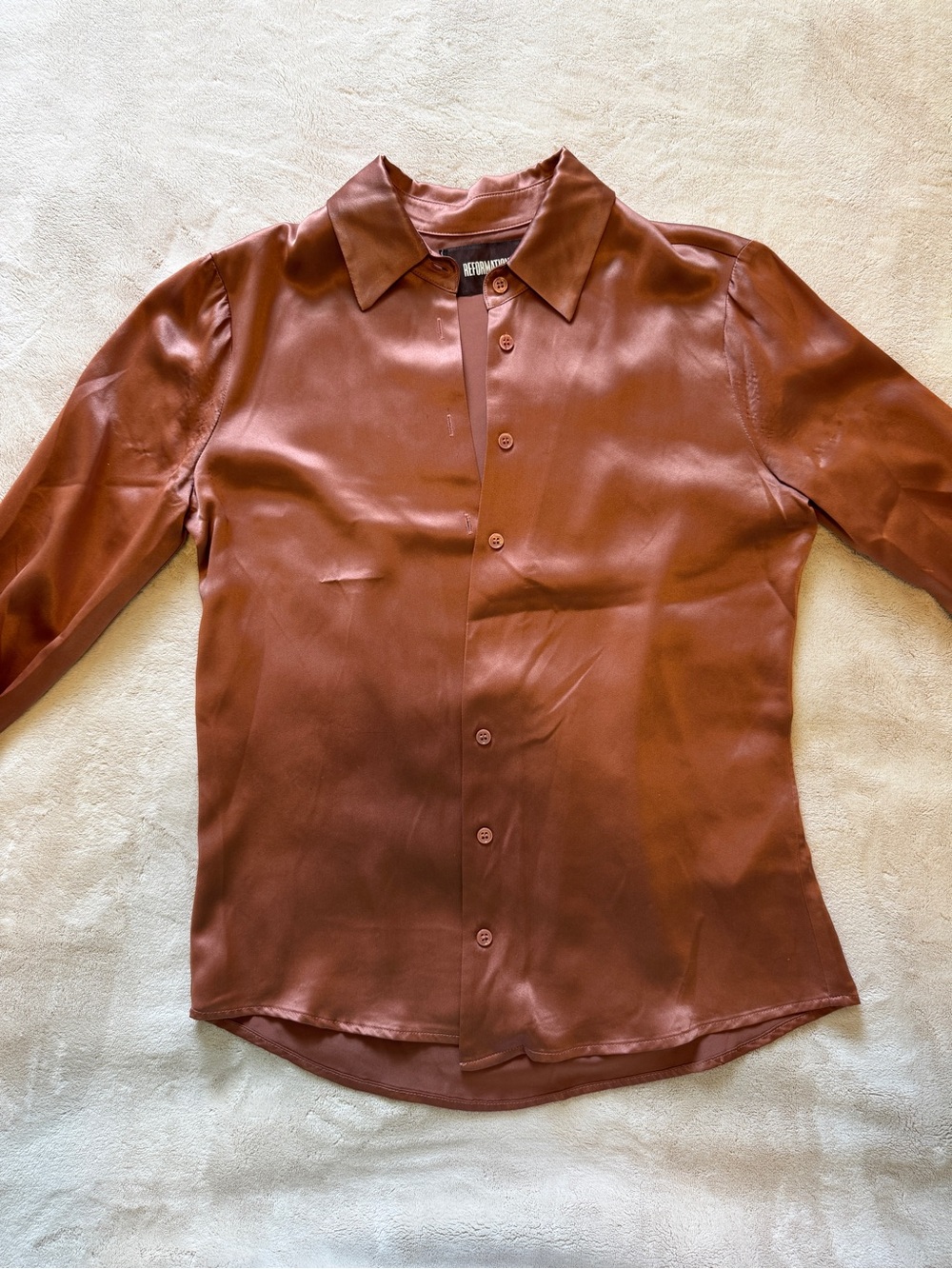 Reformation 100% Silk Pink Rust Button Up Top, XS (Many flaws see pics)